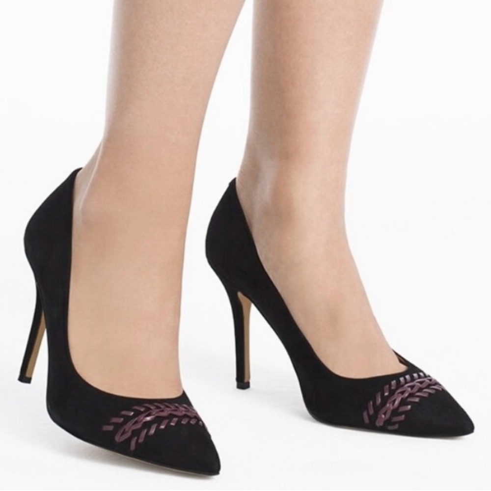 White House Black Market Olivia Black  Suede Stiletto with burgundy whipstitch!
